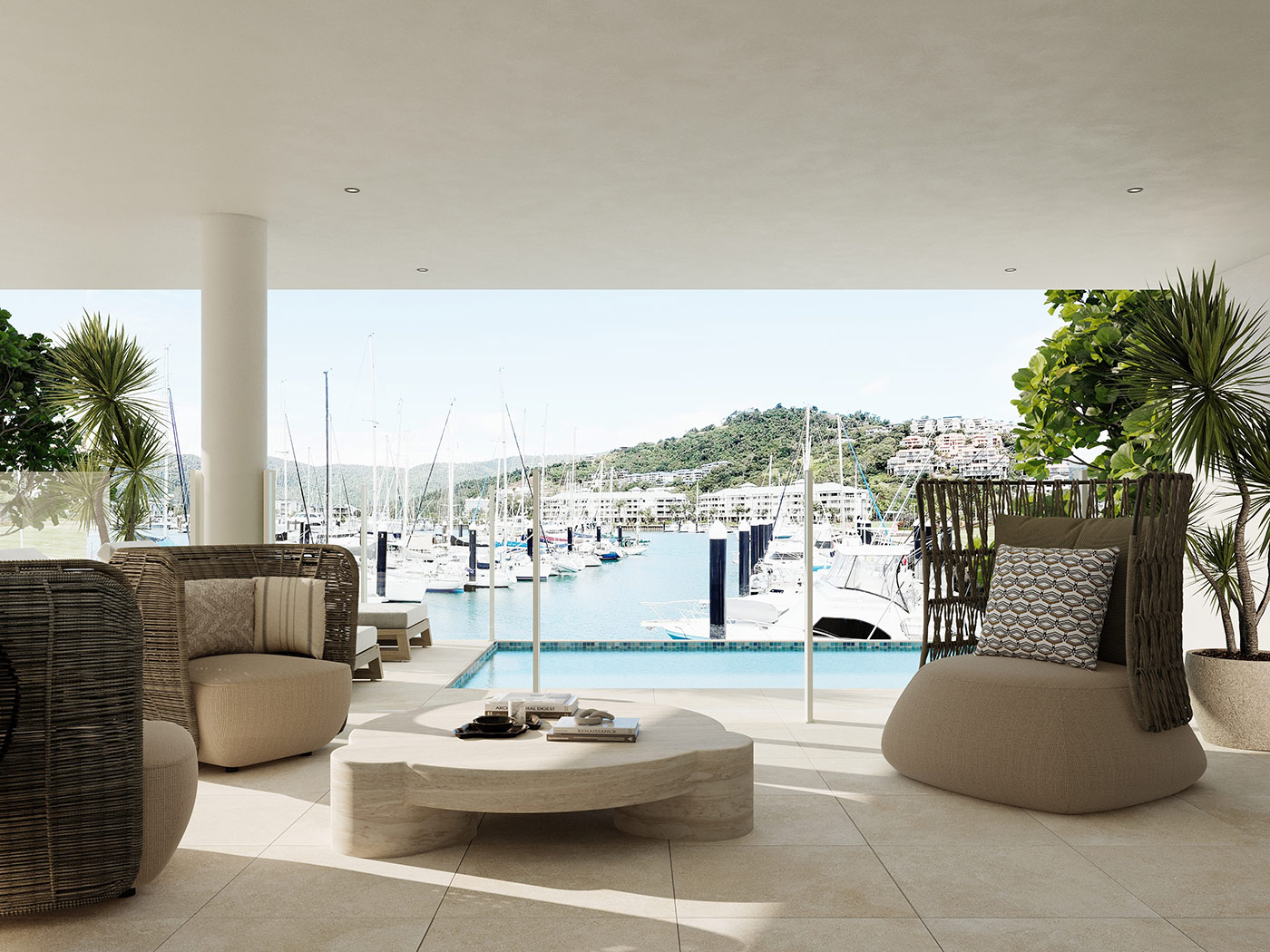 Luxury balcony overlooking marina with ocean views and outdoor seating, realistic apartment 3D Rendering in Airlie Beach Queensland