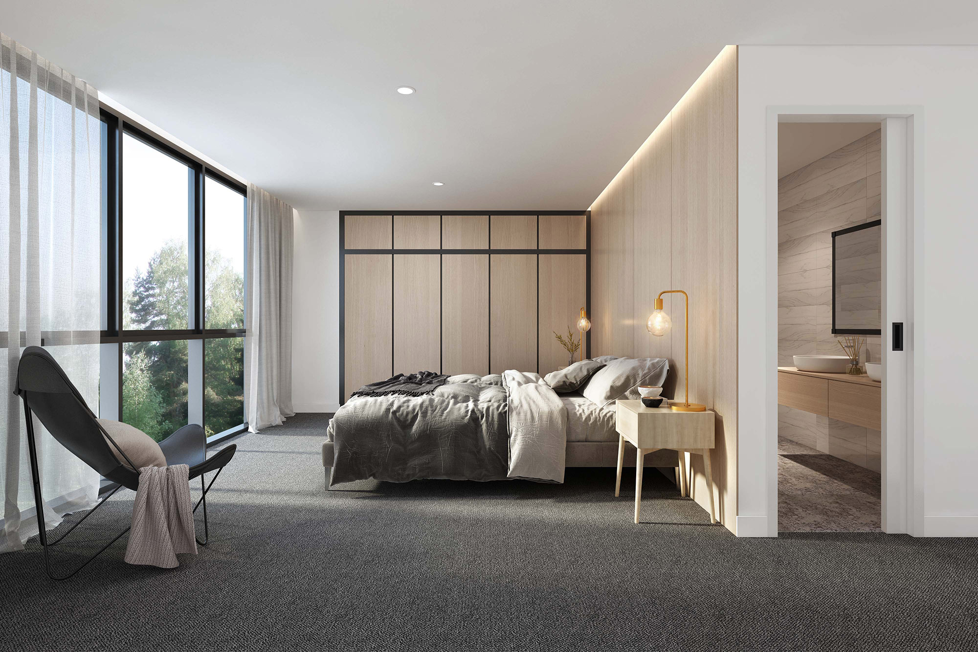 Modern master bedroom 3D Render in Howick Sydney NSW featuring soft carpet, neutral palette and contemporary residential design