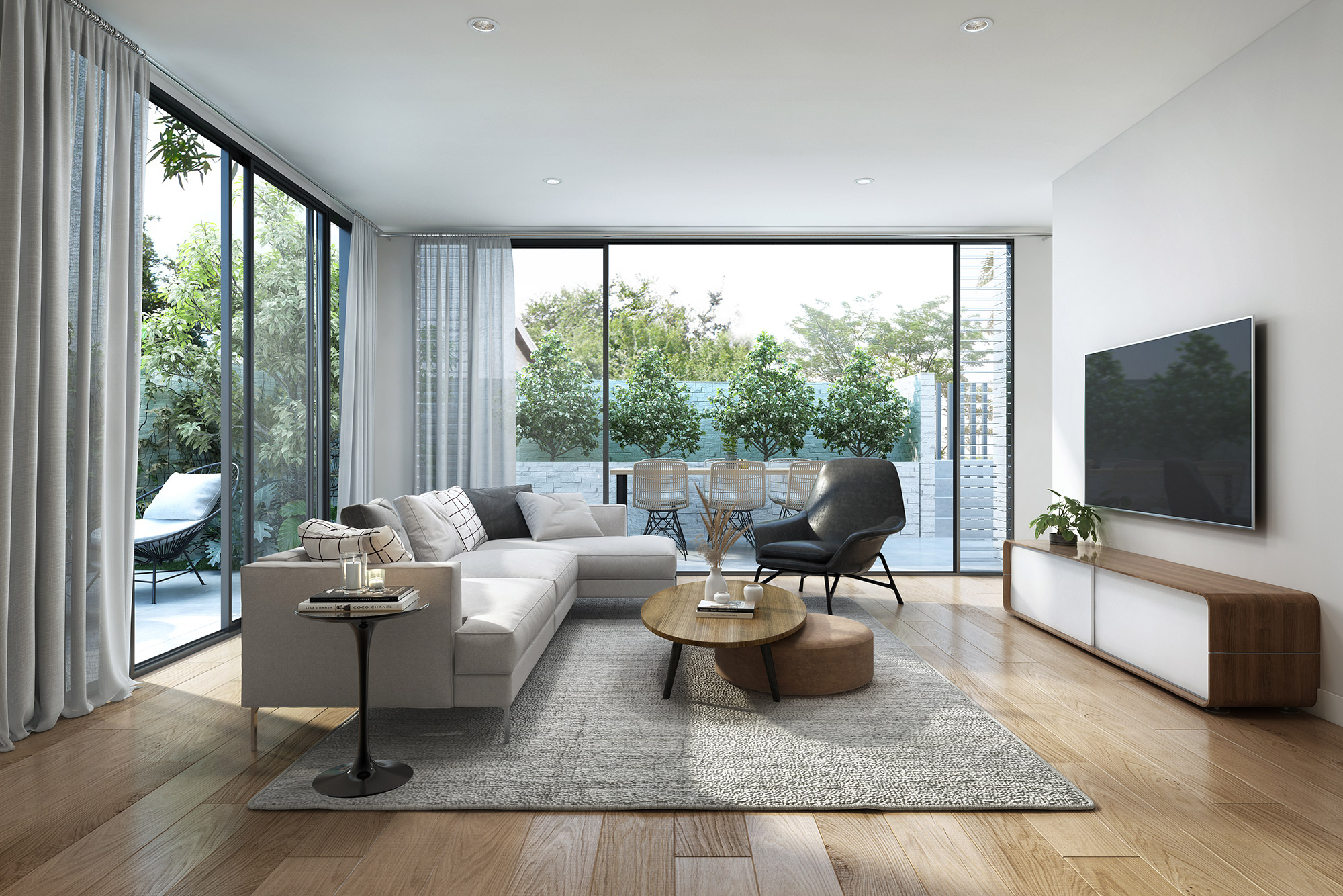 Minimalist living room with natural light and timber finishes 3D Rendering in Alkimos WA