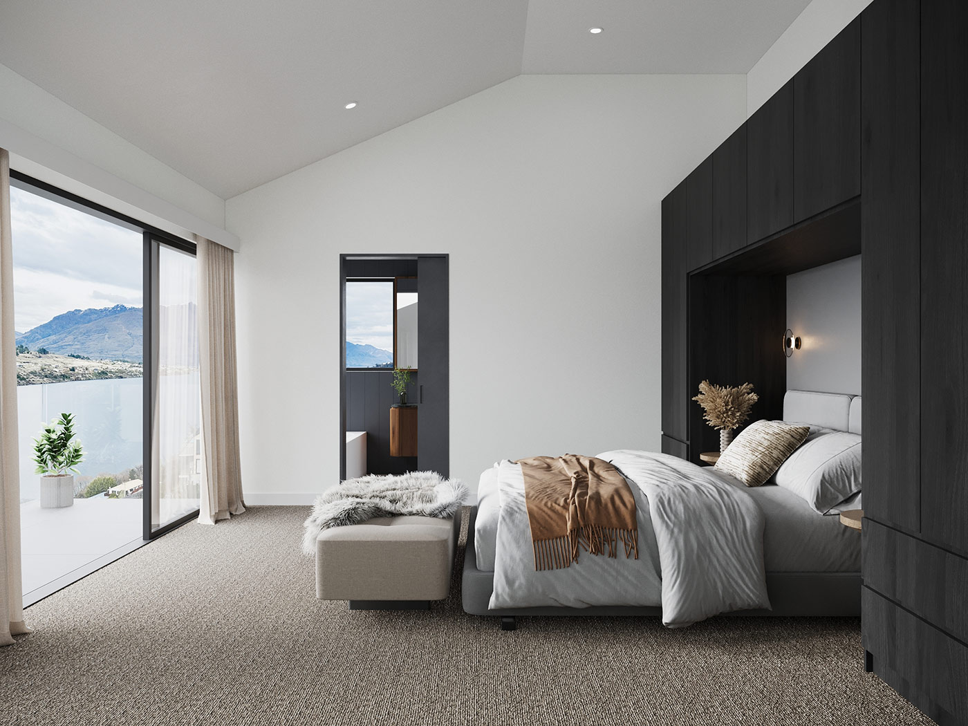 Luxury bedroom 3D Rendering in Queenstown NZ with mountain views, large glazing and high end contemporary interior design