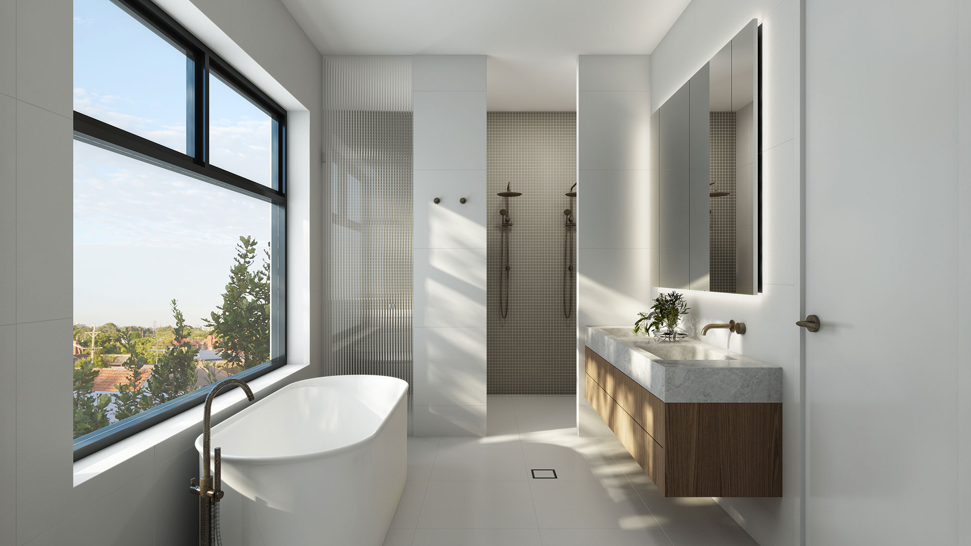 Luxury Applecross bathroom 3D render featuring natural light, freestanding bath and contemporary interior design for Australian homes