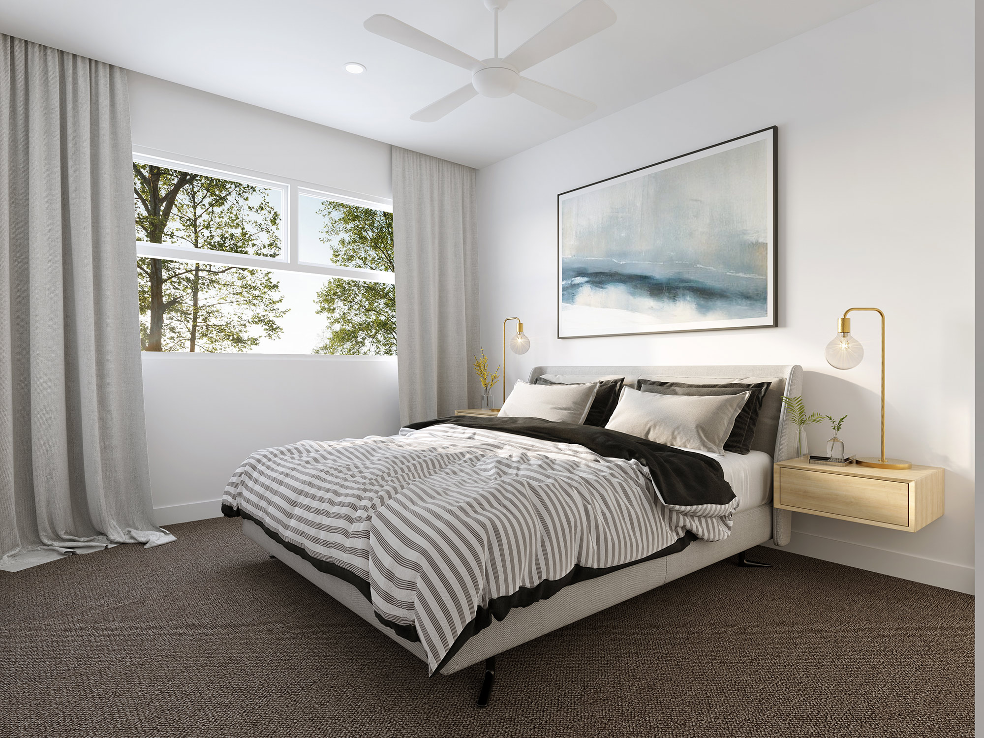 Modern bedroom interior 3D rendering in Beerwah QLD with bright natural light, soft furnishings and contemporary styling