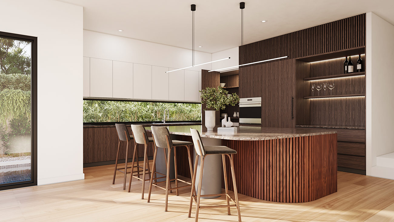 Modern kitchen island with bar seating 3D rendering in Bentleigh East Melbourne featuring timber cabinetry and stone benchtops