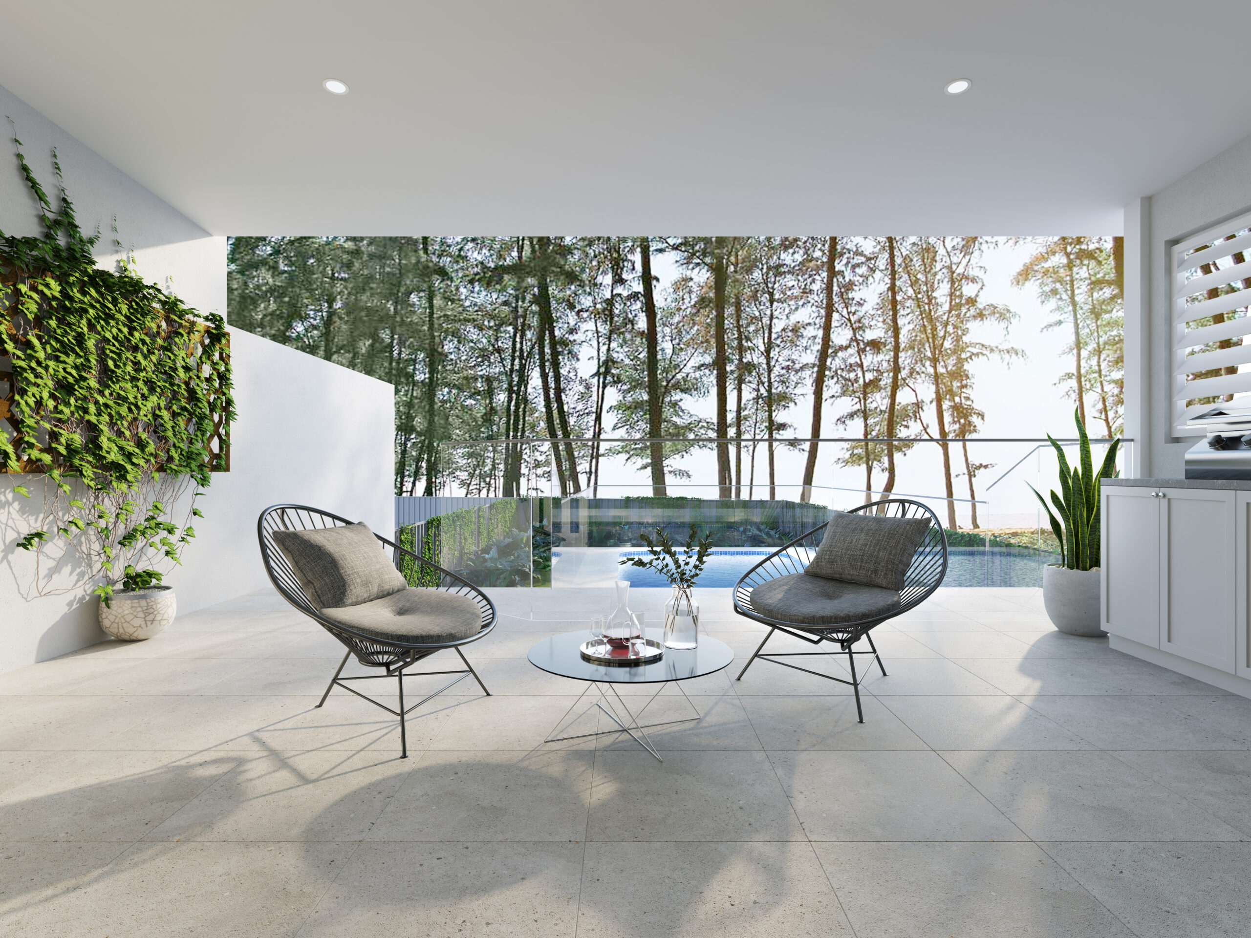 Modern outdoor alfresco with pool and seating in Berkeley Vale 3D Rendering showing contemporary Australian home design