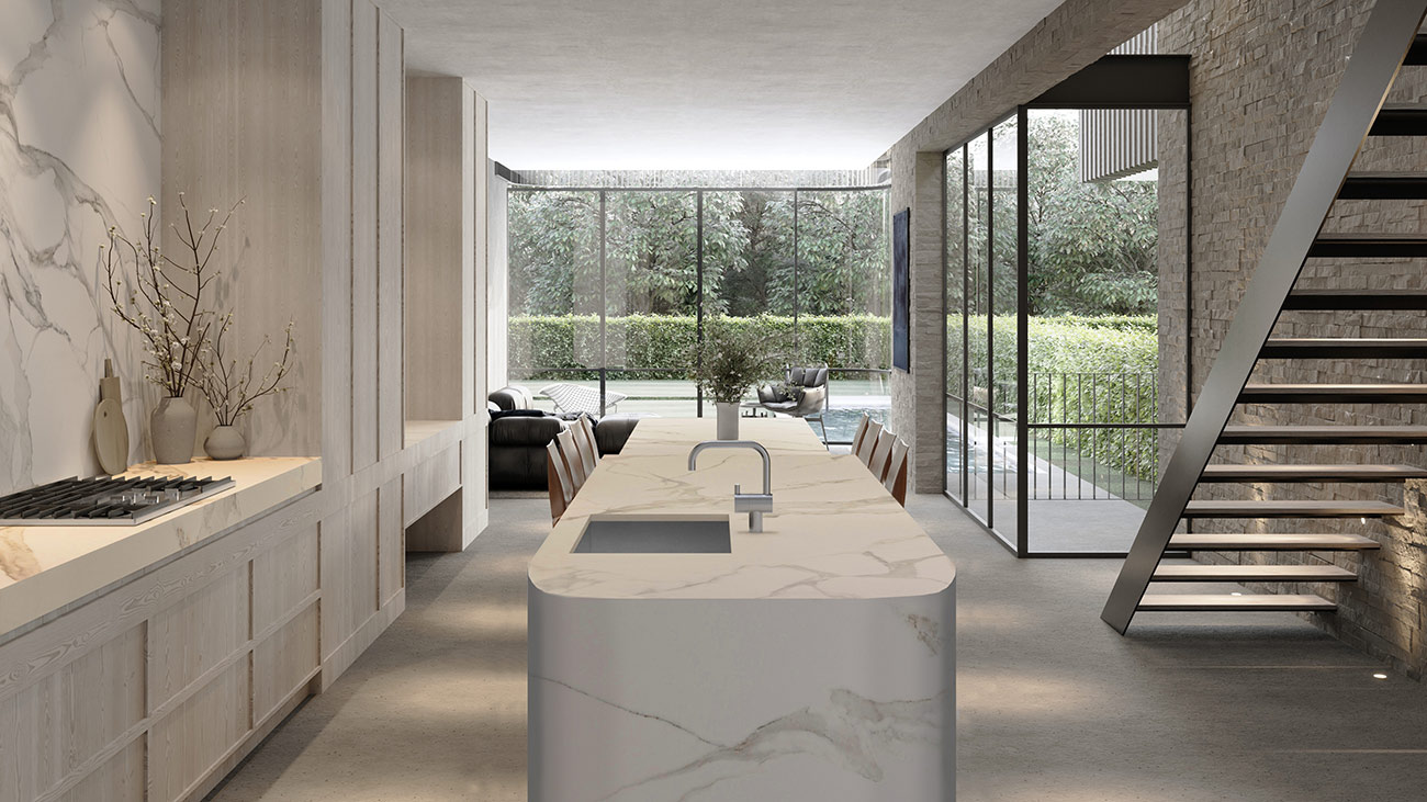 Modern Bondi kitchen and living open plan 3D render with marble island, timber finishes and indoor outdoor connection