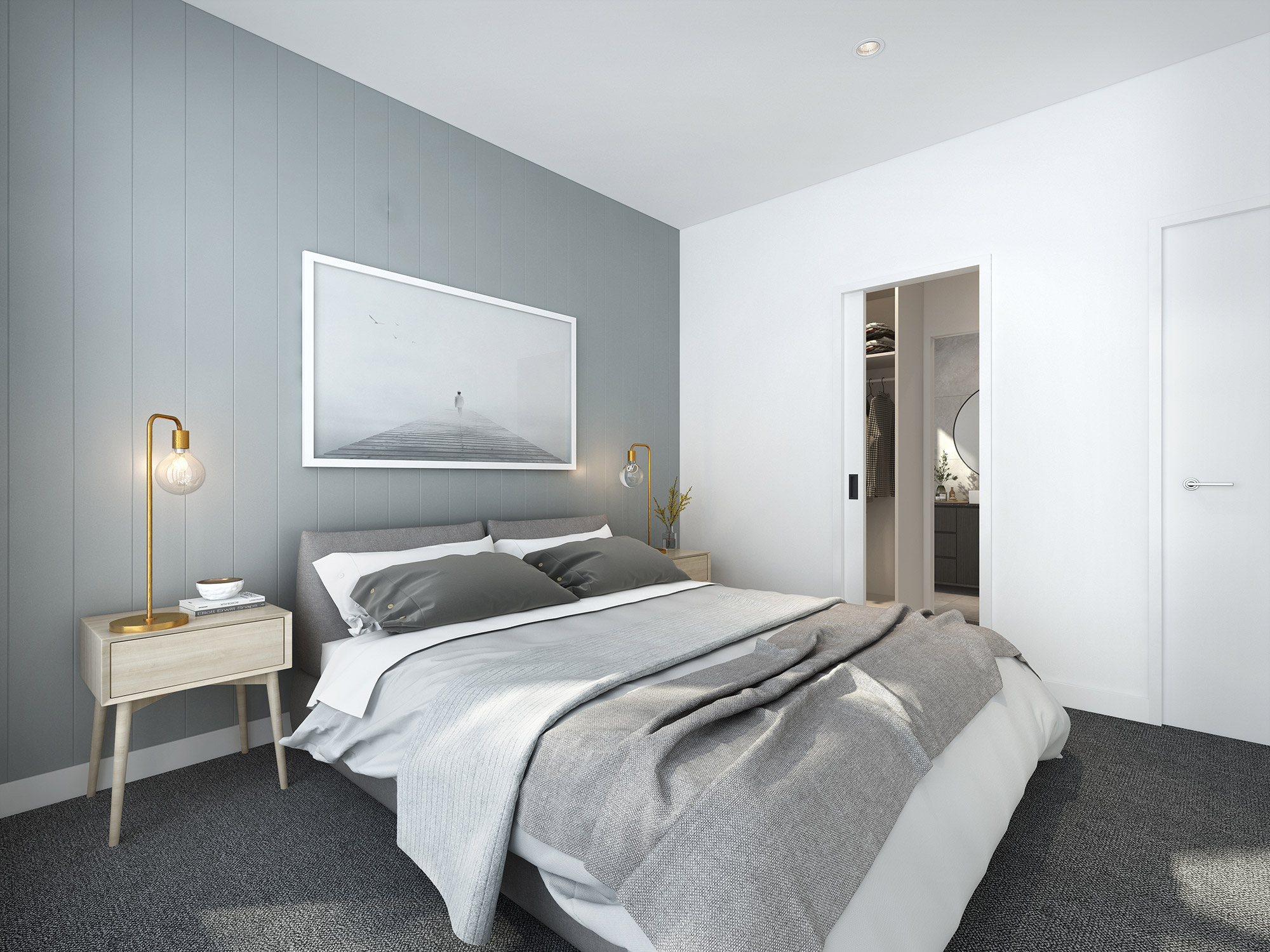 Apartment bedroom 3D render in Box Hill VIC featuring soft textures, modern furnishings and clean interior design styling