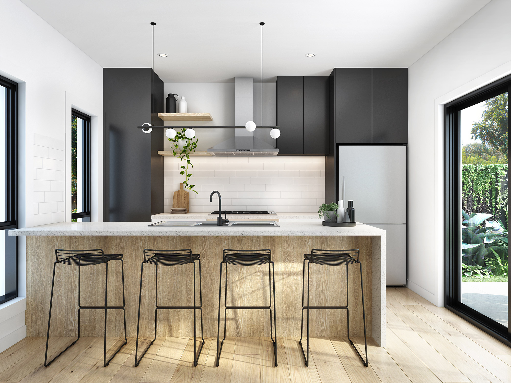 Contemporary kitchen with large island bench in Box Hill Melbourne 3D Render highlighting clean lines and natural finishes