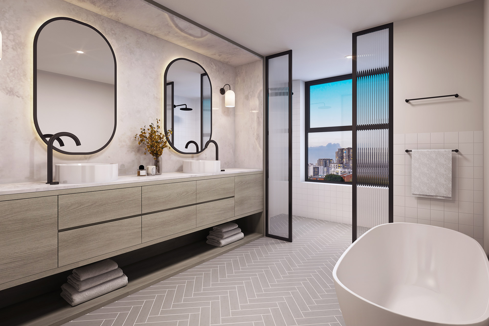 Contemporary Box Hill bathroom 3D rendering with twin mirrors, warm textures and modern fittings in an Australian residential design
