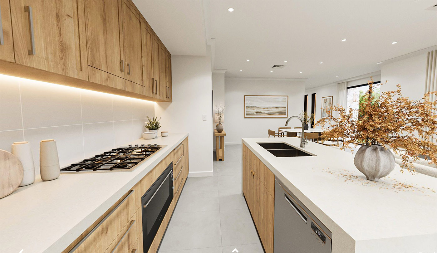 Realistic modern kitchen 3D rendering in Box Hill Melbourne featuring timber cabinetry, stone benchtops and clean layout