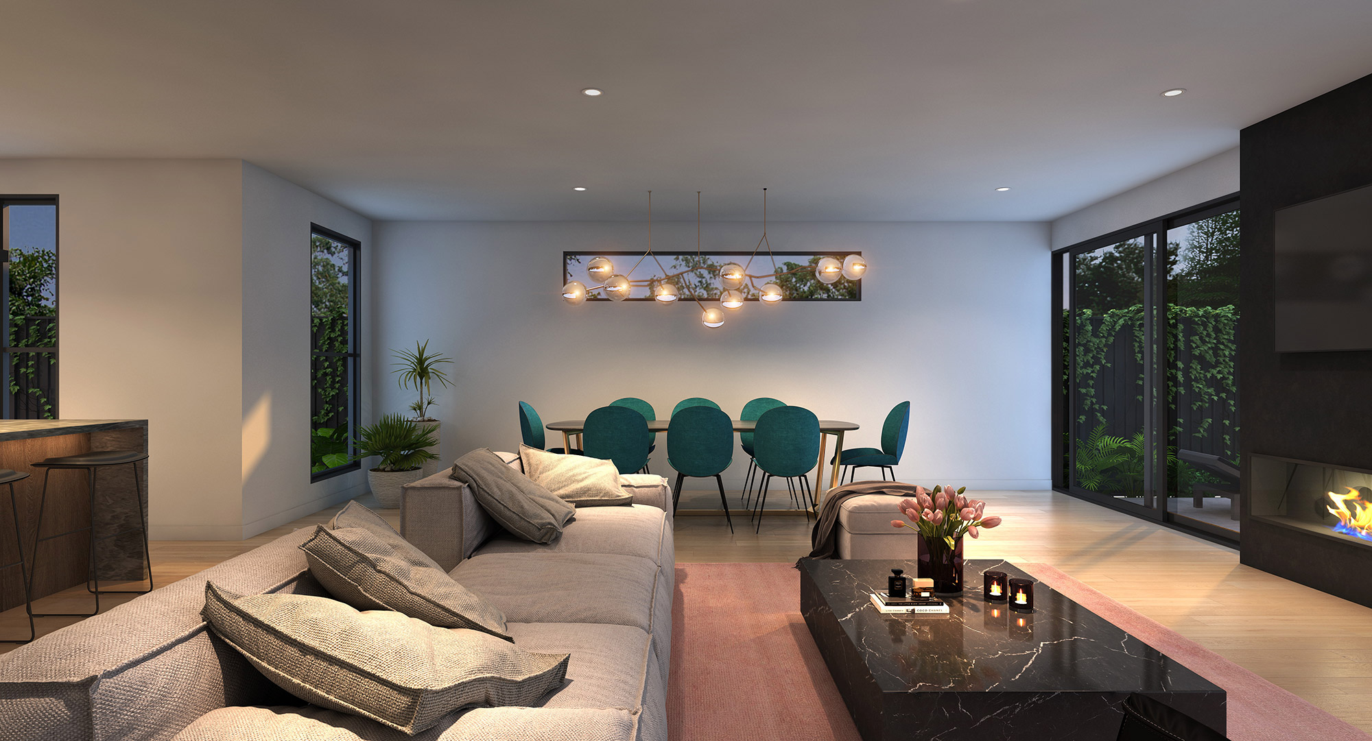 Modern open plan living and dining area with feature lighting and outdoor connection 3D Render in Box Hill NSW