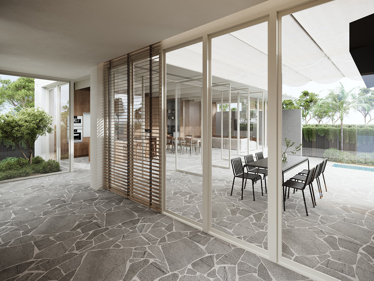Modern outdoor dining patio with glass walls and landscaped garden, residential 3D Rendering in Box Hill Victoria