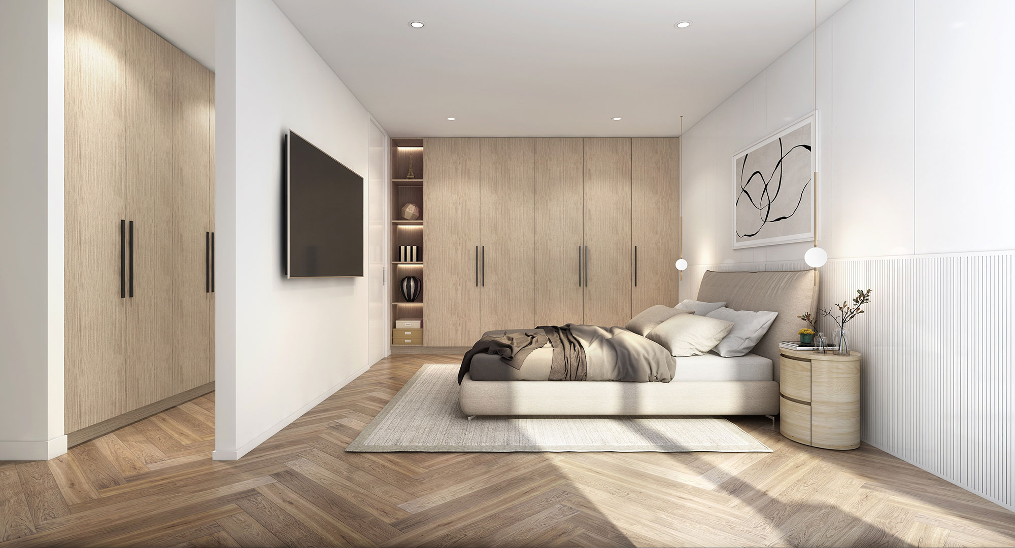 Luxury bedroom interior 3D rendering in Brighton East VIC featuring premium finishes, soft textures and modern styling