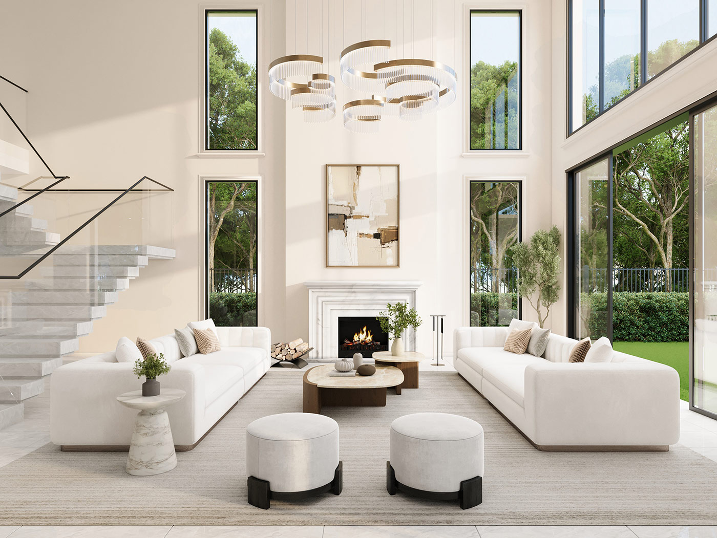 Luxury double height living room with staircase and chandelier, high-end 3D Rendering in Brighton Melbourne