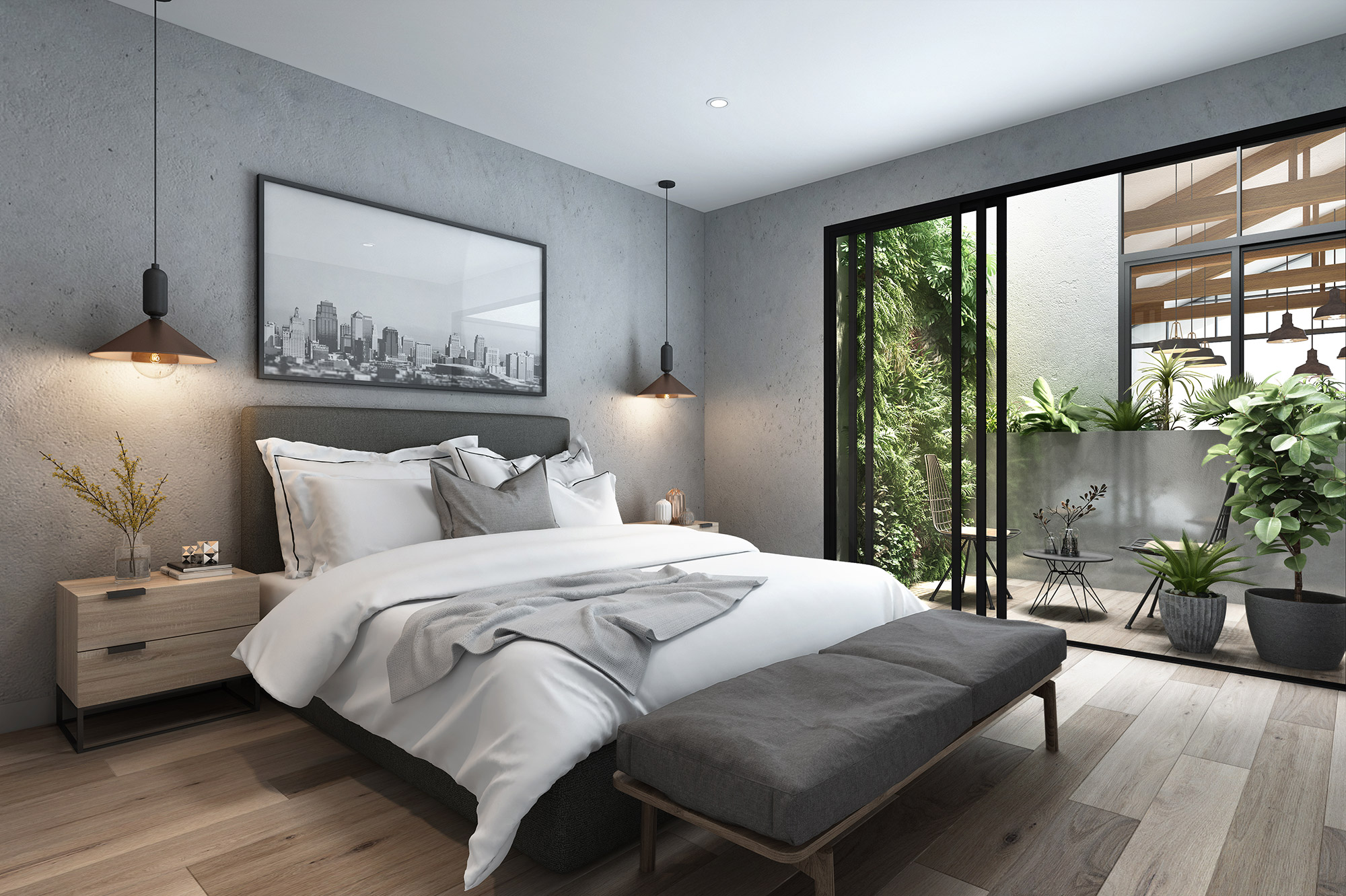 Apartment bedroom interior 3D render in Brisbane QLD showcasing contemporary finishes, natural lighting and urban living design