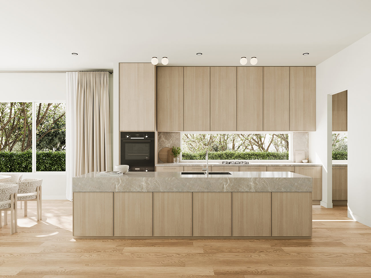 Contemporary kitchen and living wall design 3D rendering in Brunswick West Melbourne with textured joinery and stone island