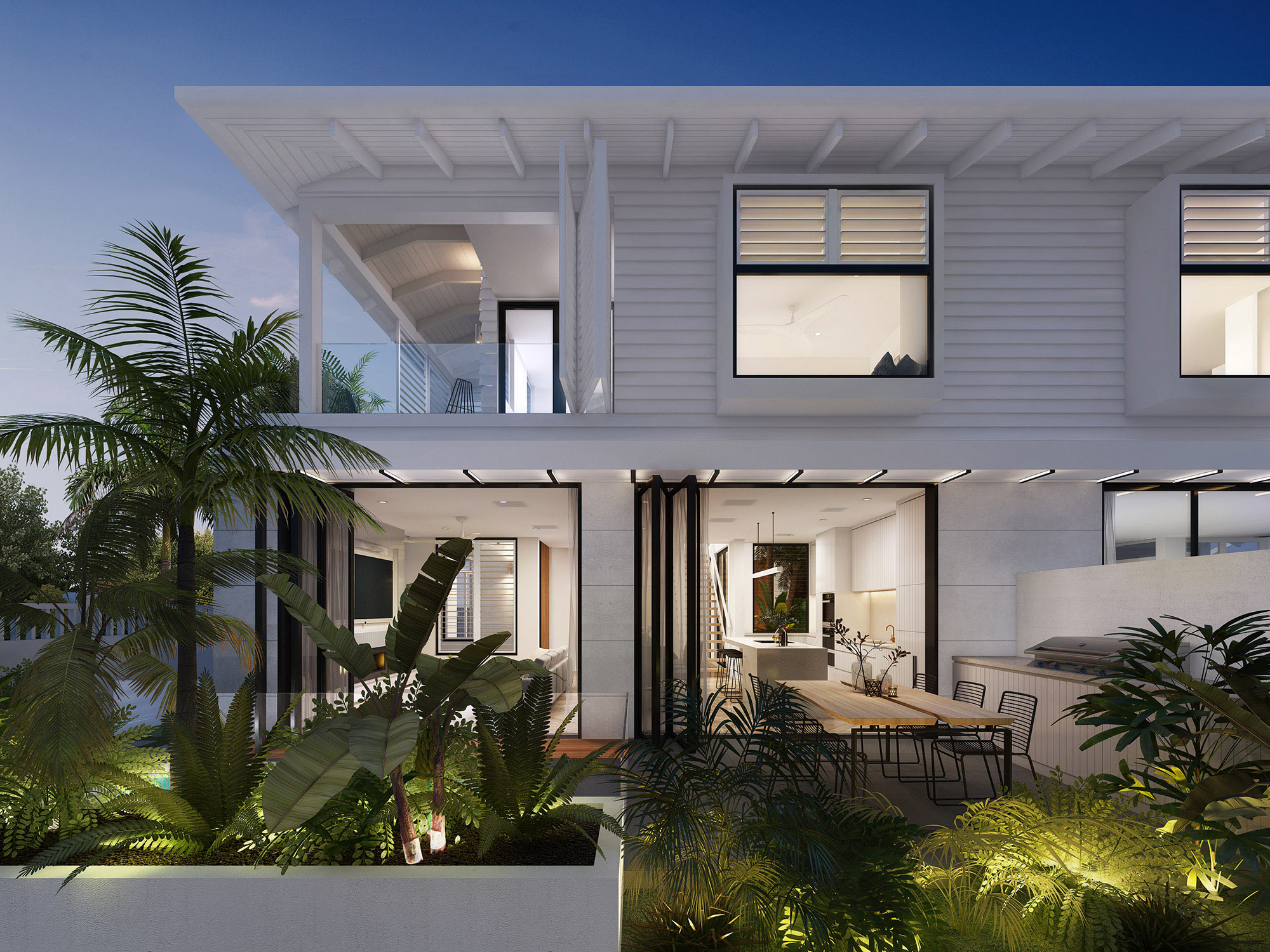 Poolside alfresco entertaining area in Byron Bay 3D Rendering with tropical landscaping