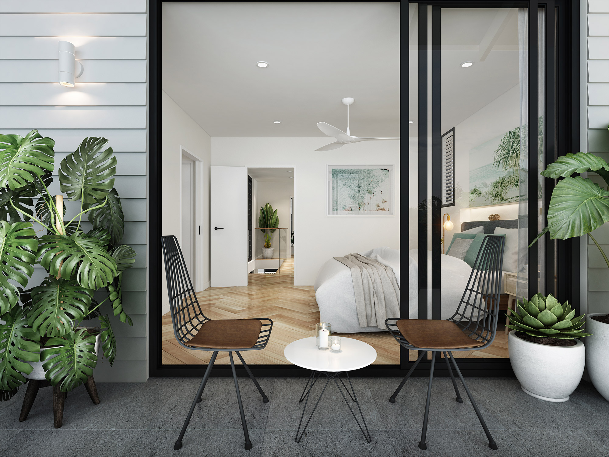 Coastal bedroom interior in Byron Bay 3D Rendering with natural light and modern Australian styling