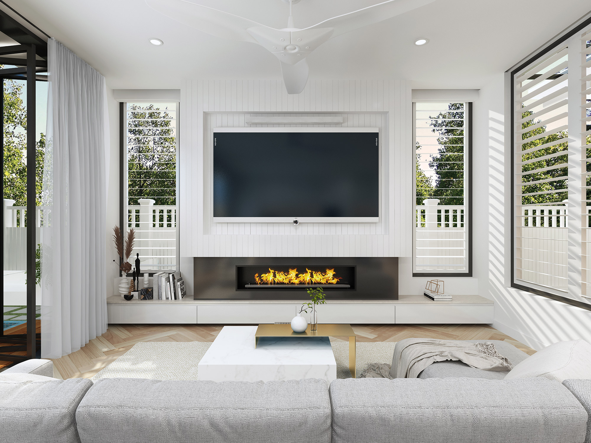 Light filled coastal living room with fireplace and large windows, 3D Rendering in Byron Bay NSW