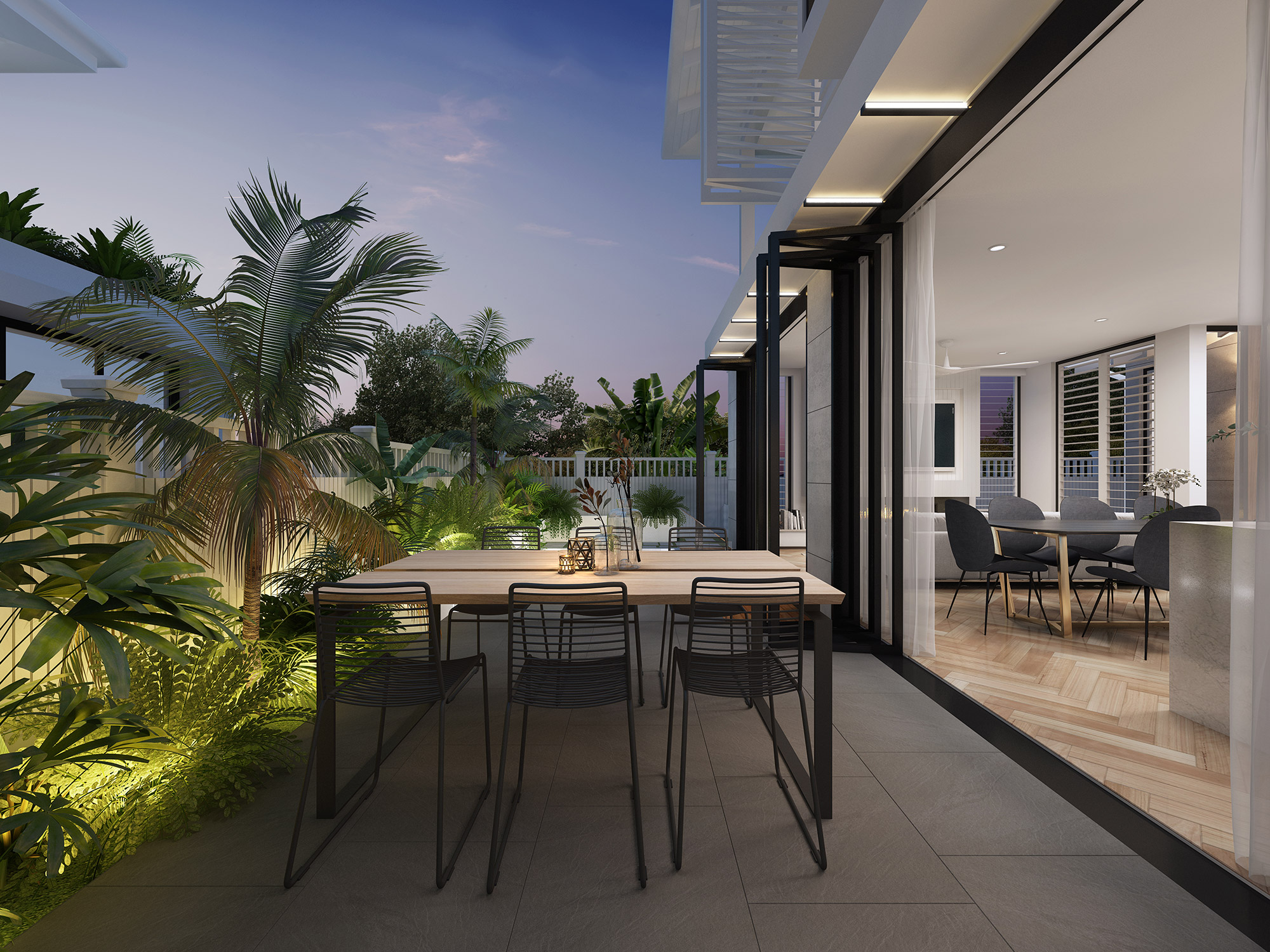 Evening outdoor dining alfresco in Byron Bay 3D Rendering with ambient lighting and tropical setting