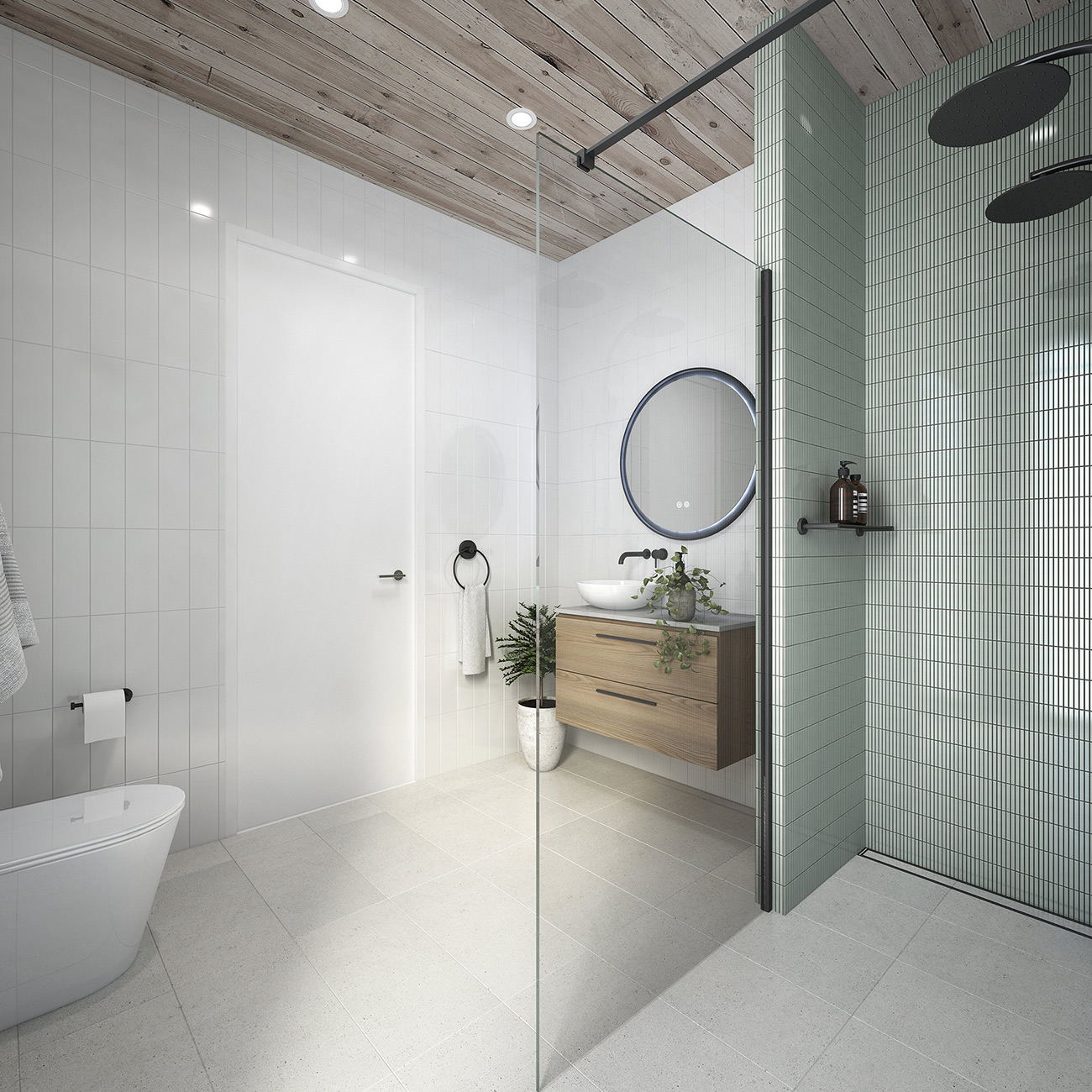Scandinavian-style Byron Bay bathroom 3D rendering with natural textures, soft lighting and minimalist Australian design