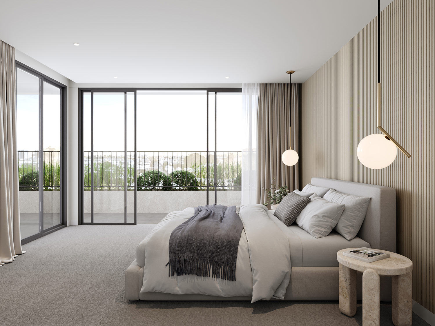 High end bedroom 3D Rendering in Paddington Sydney NSW with green feature wall, pendant lighting and premium interior finishes