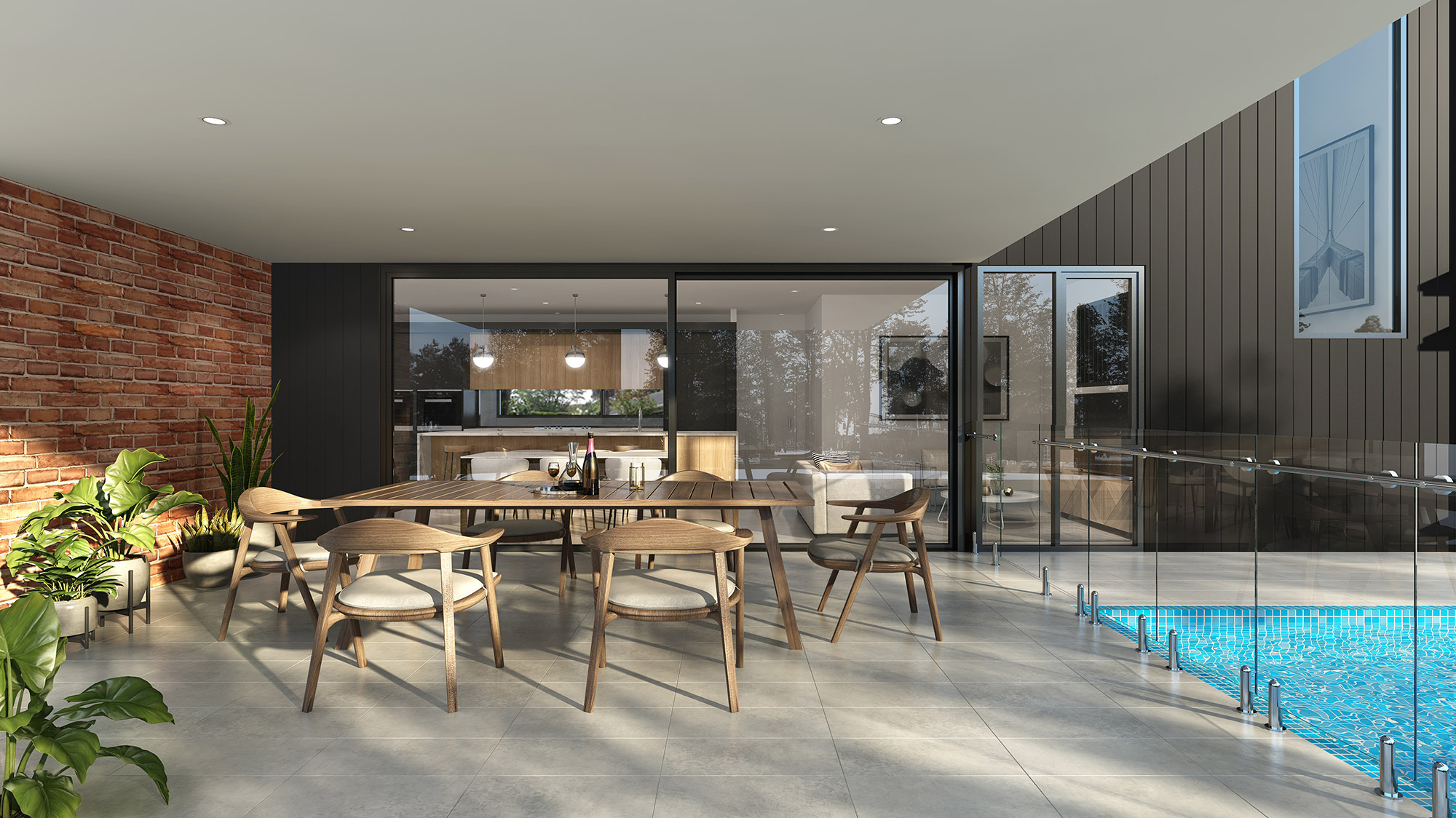 Alfresco area with sliding doors in Cranbourne 3D Rendering showing seamless indoor outdoor living