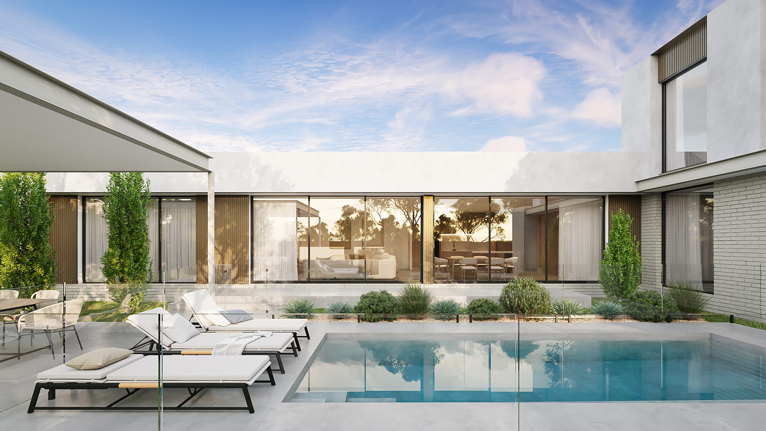 Modern home courtyard with swimming pool and outdoor lounge in Deakin Canberra 3D Render showcasing luxury residential architecture and landscaping