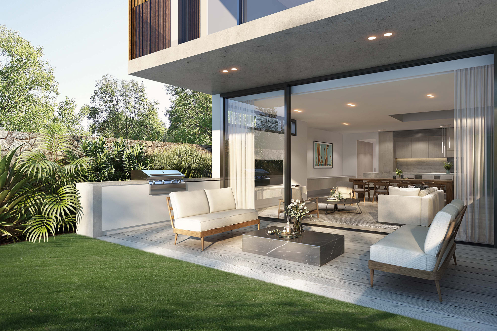 Luxury outdoor dining and entertaining space in Dover Heights 3D Rendering with premium finishes
