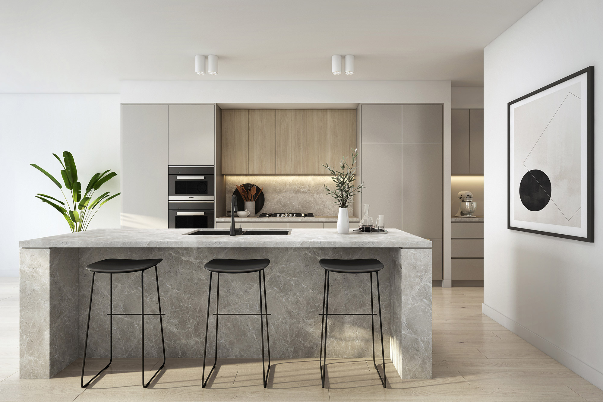 Modern kitchen with island seating in Frankston Melbourne 3D Render highlighting sleek cabinetry and functional layout