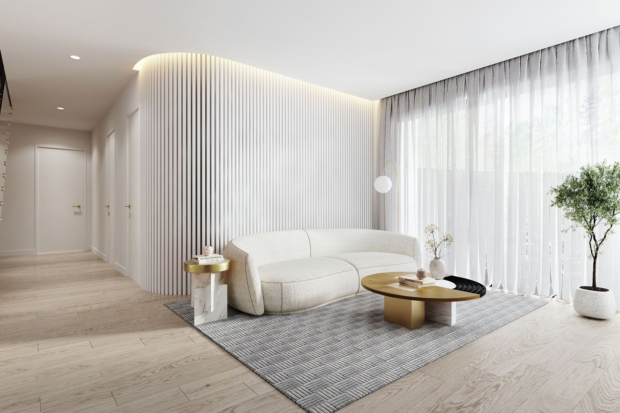 Minimalist lounge room with curved sofa and soft finishes, contemporary interior 3D Rendering in Gerroa NSW