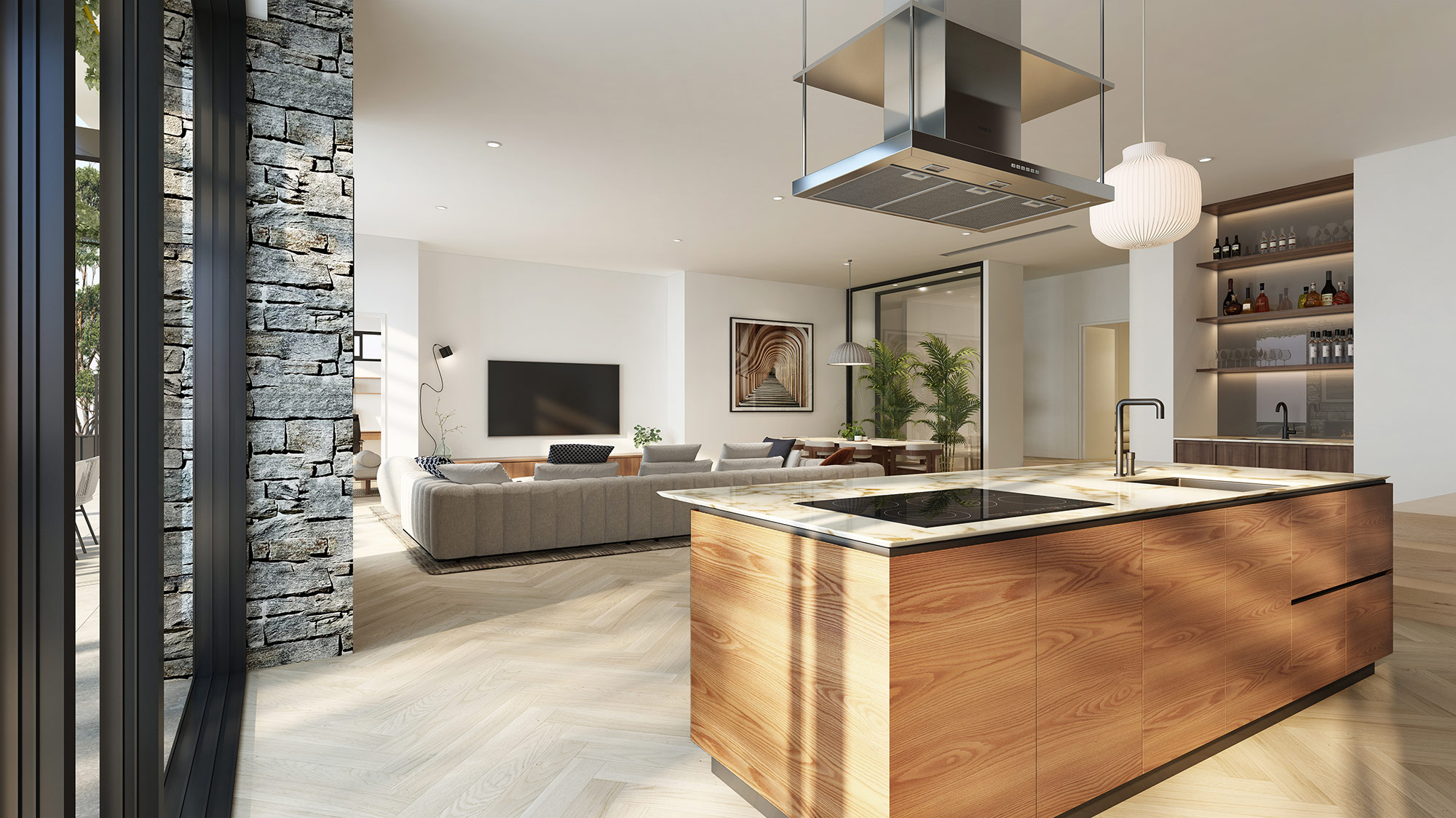 Luxury open plan kitchen and living 3D rendering in Glen Iris Melbourne with timber island, stone surfaces and modern lighting