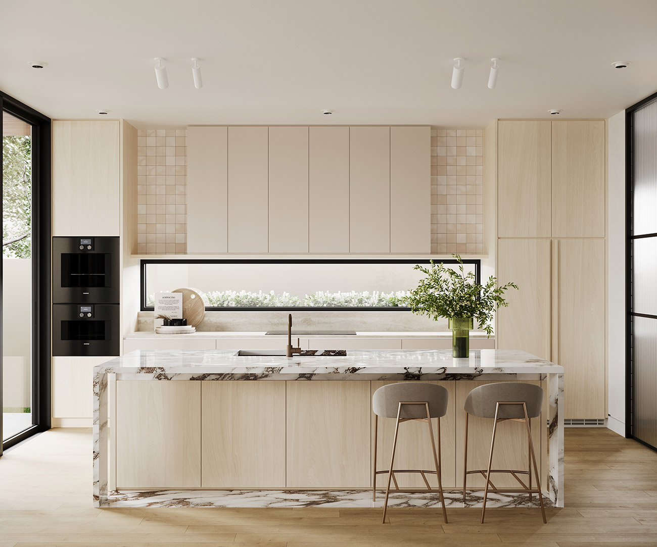 Minimal kitchen design 3D render in Glen Iris Melbourne with light timber cabinetry and seamless indoor outdoor outlook