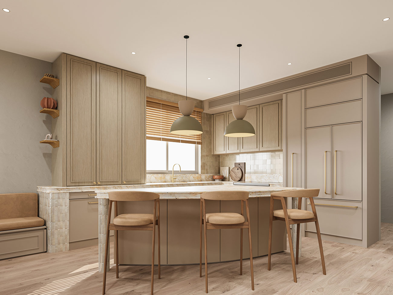 Coastal inspired kitchen 3D render in Glenayr Avenue Sydney with soft tones, timber joinery and feature pendant lighting
