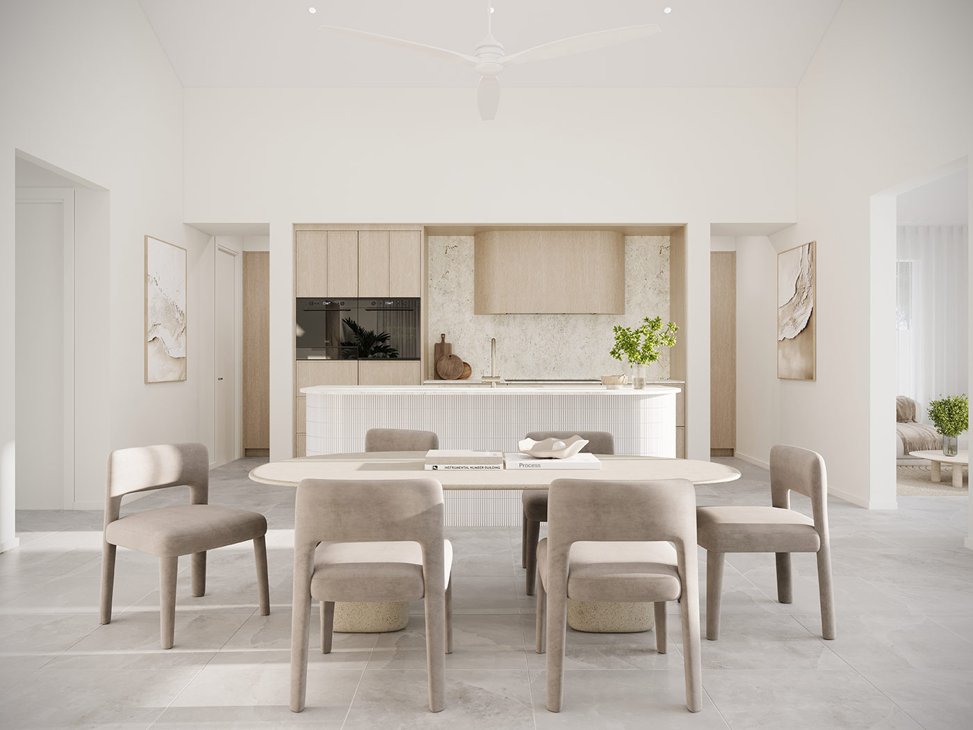 Modern open plan kitchen and dining space 3D rendering in Greenbank Brisbane featuring neutral tones, stone island and minimalist cabinetry