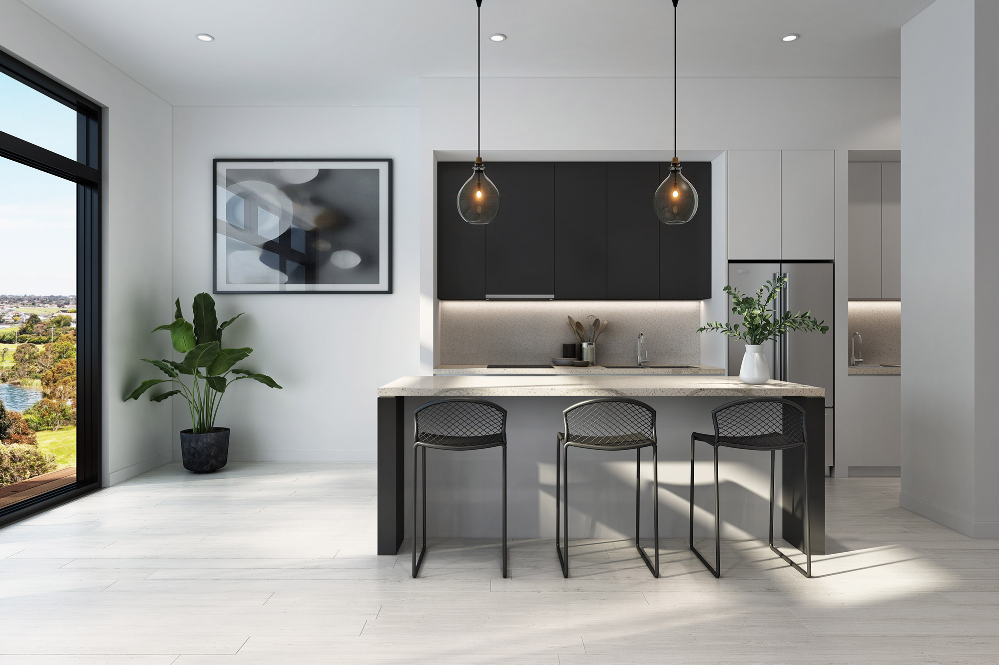 Contemporary open plan kitchen in Greenvale Melbourne 3D Rendering featuring stone island and seamless cabinetry