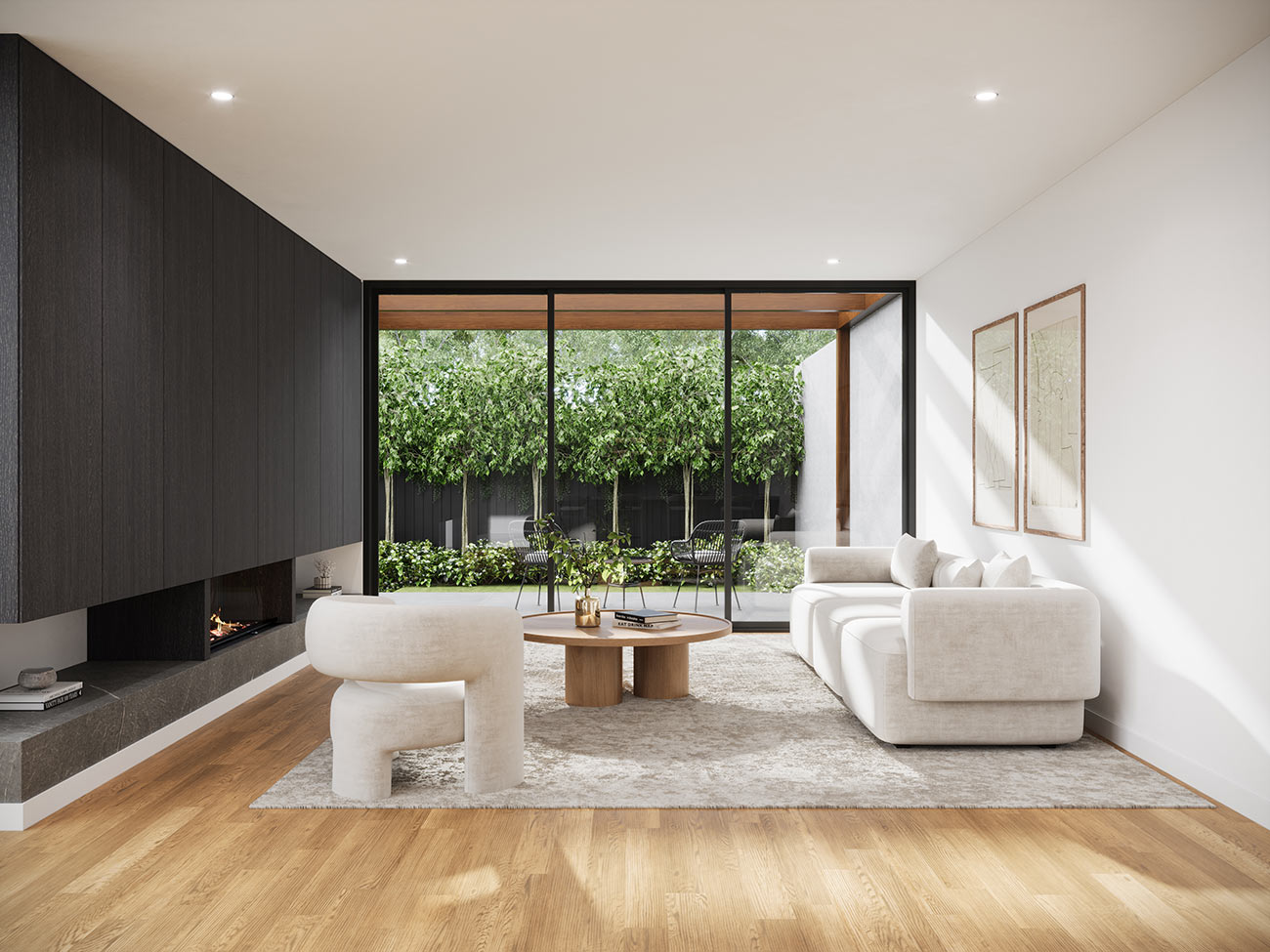 Modern minimalist living room with fireplace and garden outlook, luxury interior 3D Rendering in Greenvale Victoria