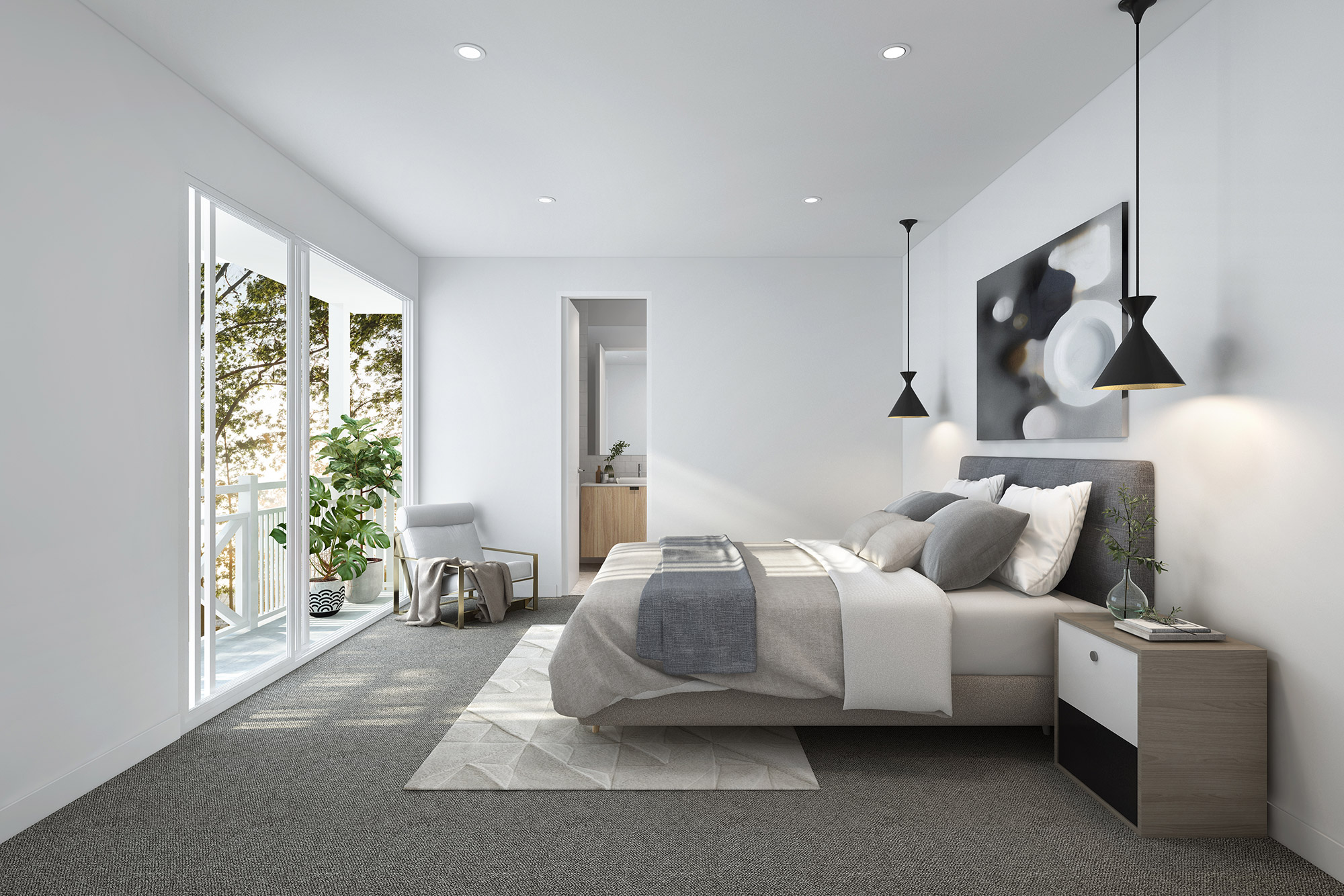 Residential house bedroom 3D rendering in Hamilton QLD with layered bedding, natural light and refined modern design
