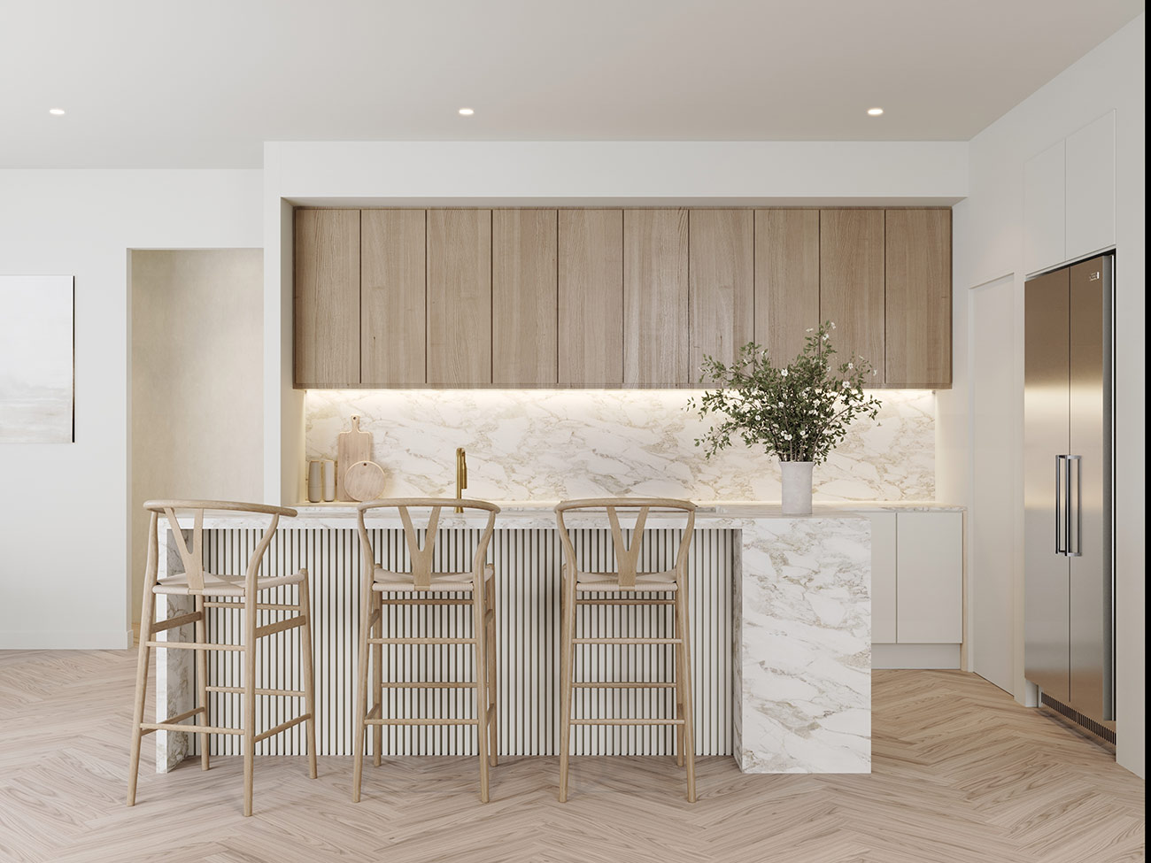 Contemporary open plan kitchen and living area 3D render in Hastings Melbourne with timber finishes, marble surfaces and natural light
