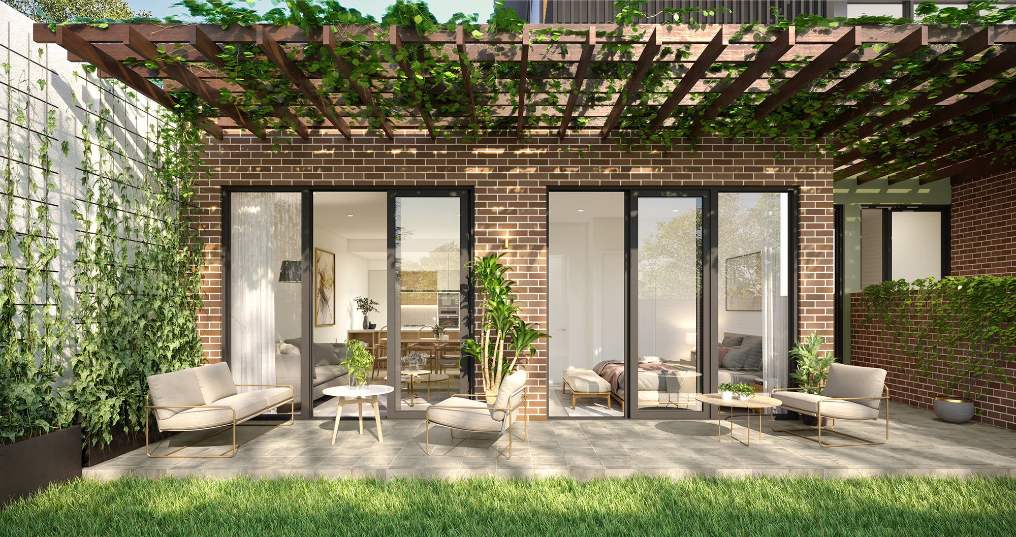 Stylish apartment balcony outdoor seating area in Heathmont Melbourne 3D Render featuring contemporary furniture and indoor outdoor flow