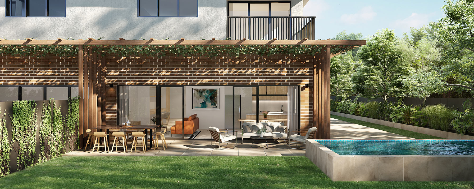 Modern brick home with pergola outdoor dining and swimming pool in Heathmont Melbourne 3D Rendering showing landscaped backyard and open plan living connection