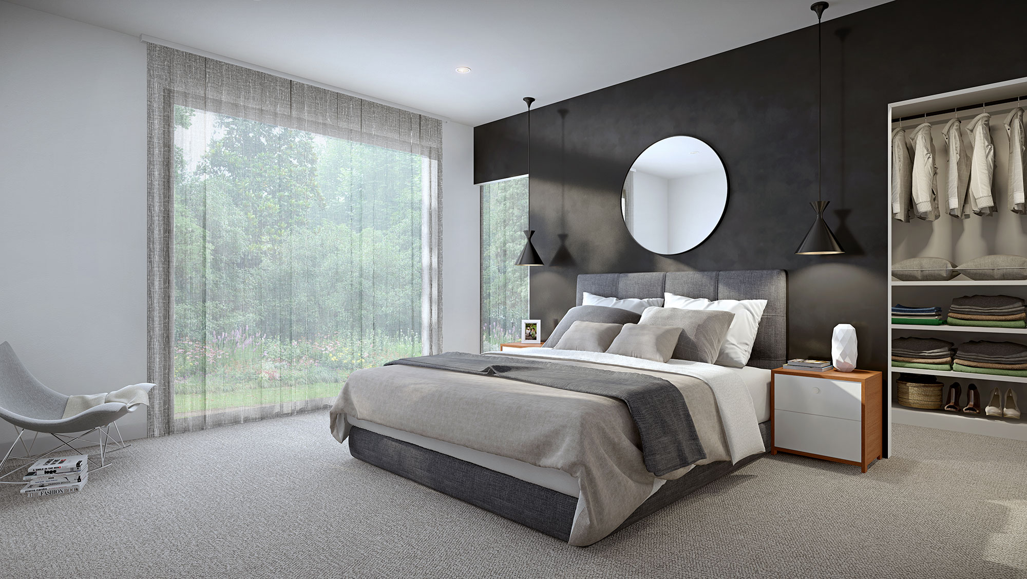 Modern master bedroom interior 3D render in Highton VIC featuring soft carpet, large window outlook and contemporary styling for residential development