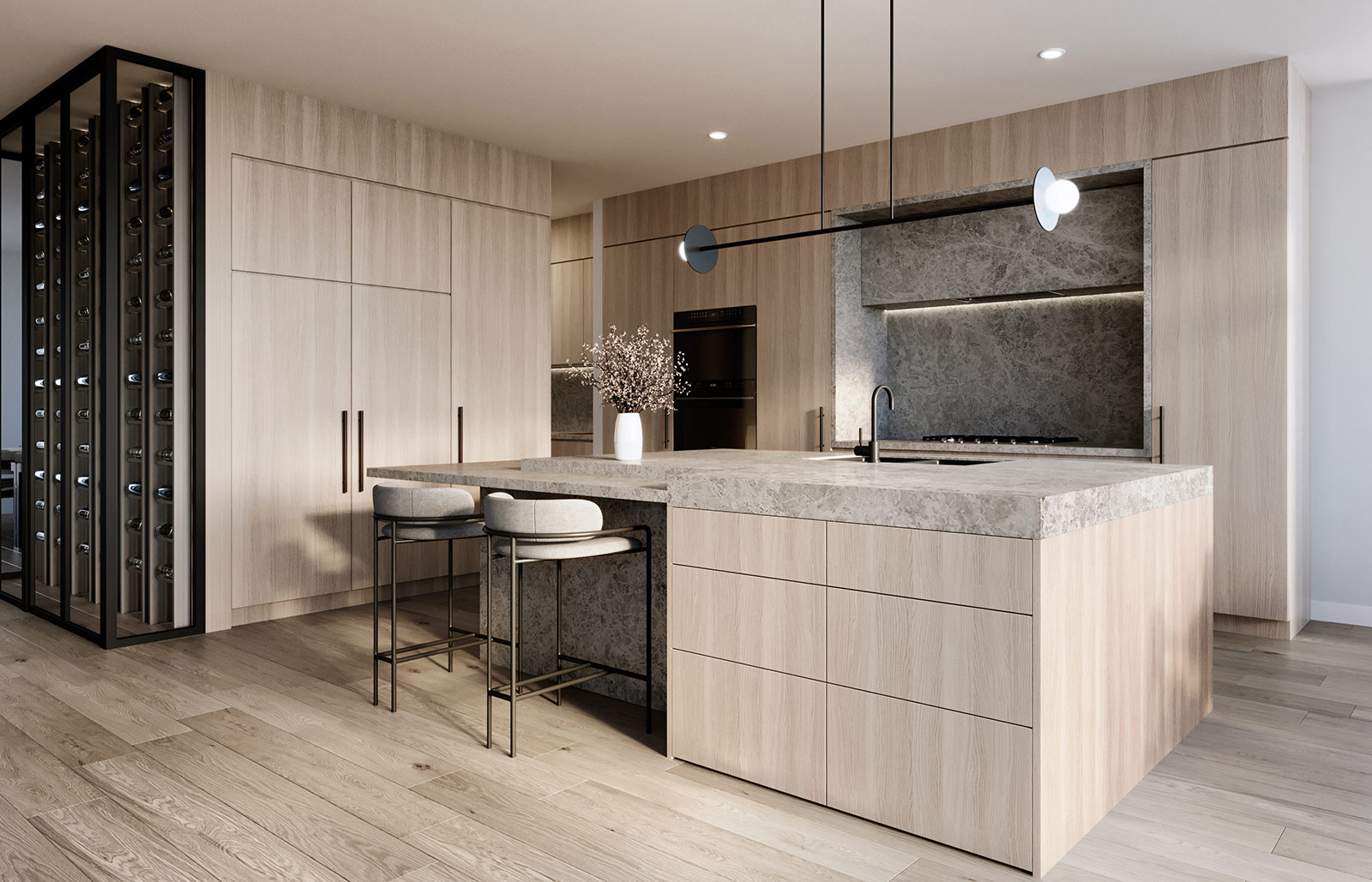 Modern open plan kitchen in Hunter Valley home 3D Rendering with stone island, timber cabinetry and integrated appliances