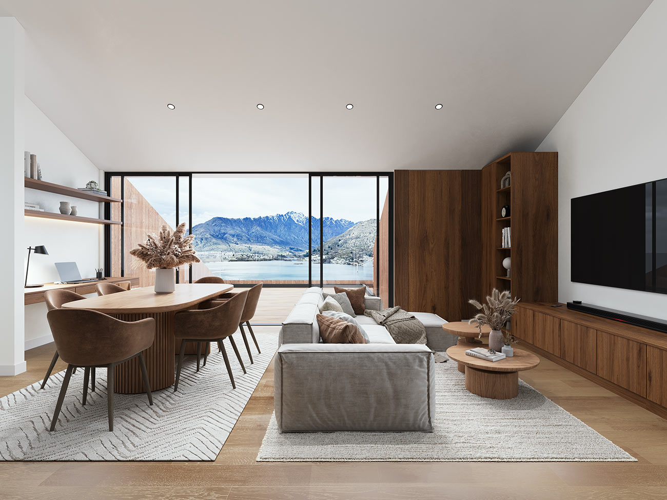 Open plan living and dining with expansive views and modern finishes, high-end 3D Rendering in Jindabyne