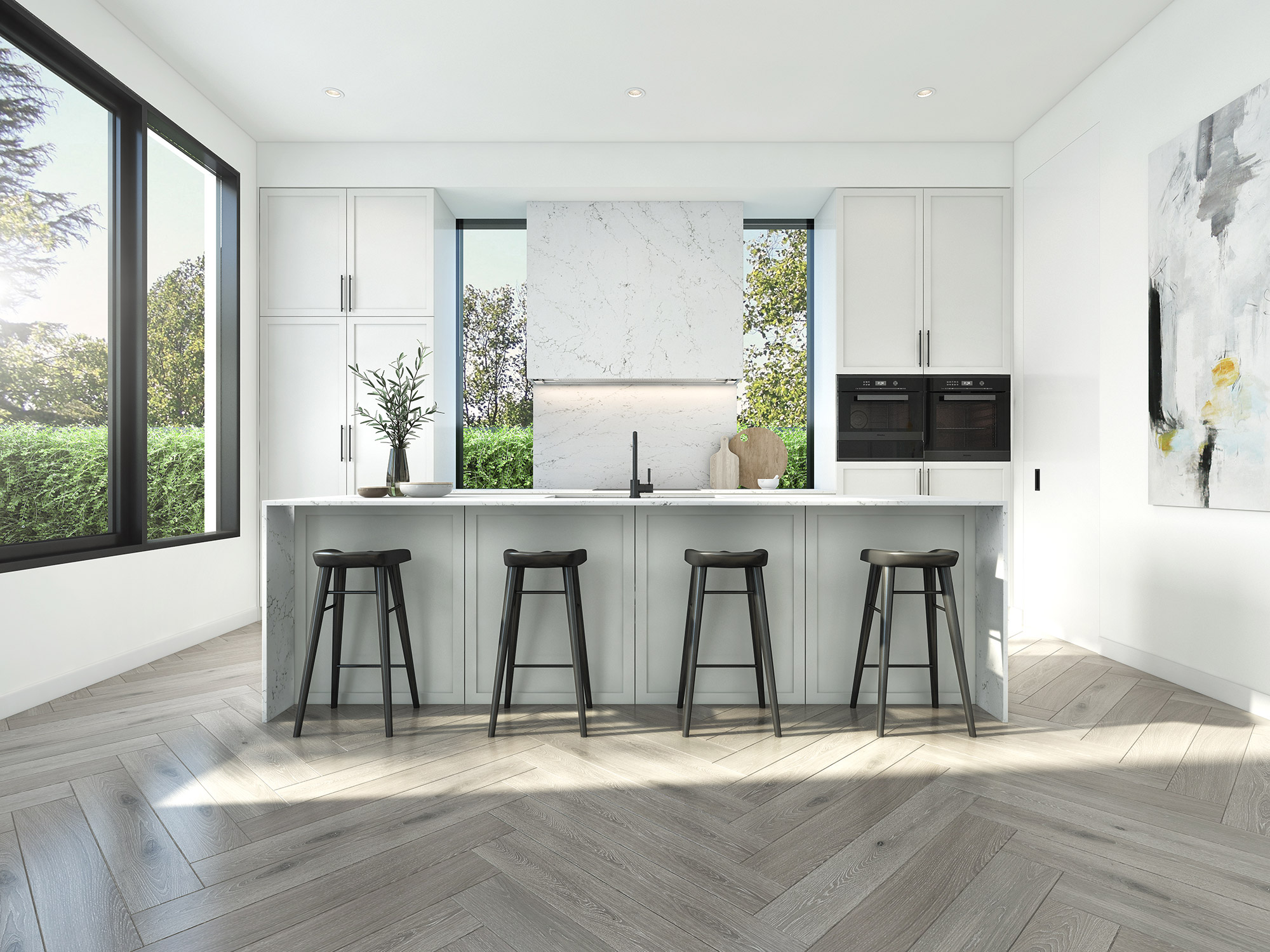 Designer kitchen in Keilor Melbourne 3D Rendering with feature lighting, curved joinery and premium materials