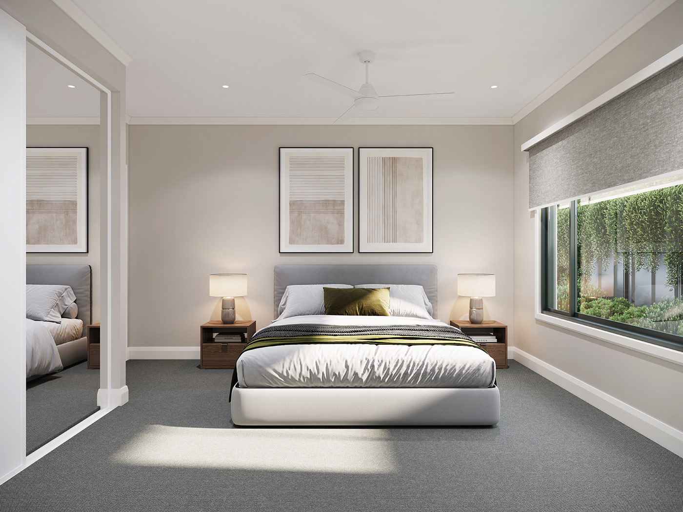 Residential duplex bedroom 3D Rendering in Blacktown Sydney NSW with minimalist styling, timber flooring and modern furnishings
