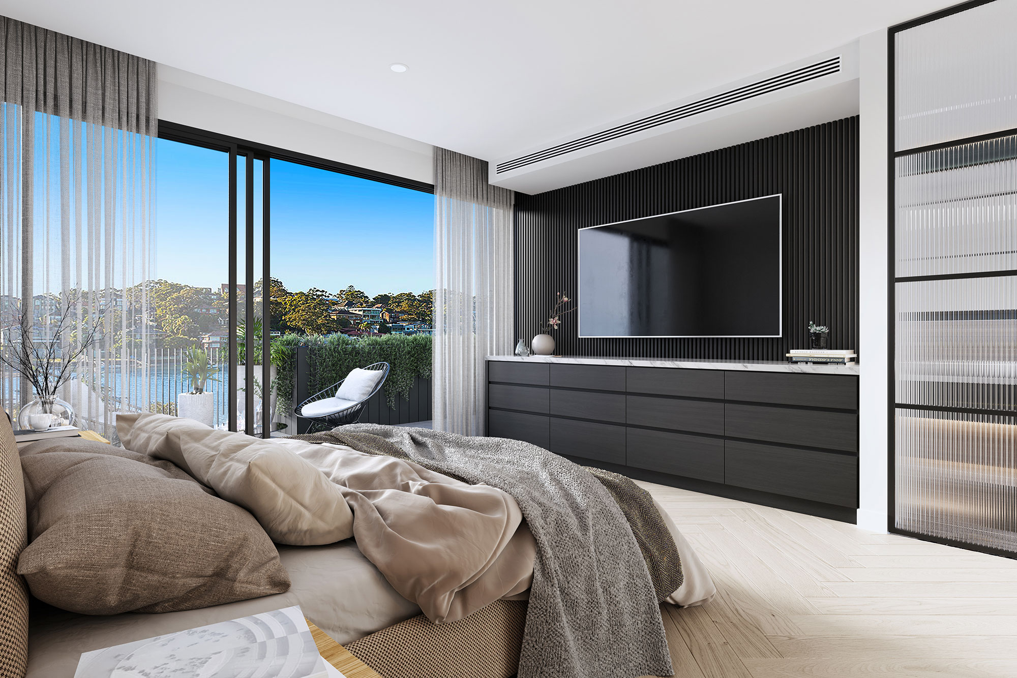 Luxury bedroom interior 3D rendering in Kyle Bay NSW with premium finishes, natural lighting and modern architectural design