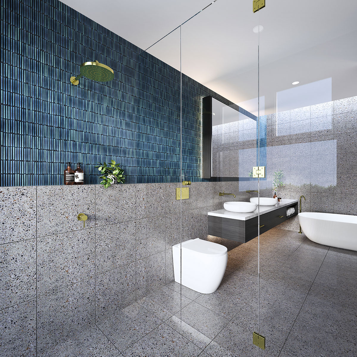High-end Kyle Bay bathroom 3D rendering with feature tiles, glass shower and luxury Australian interior detailing