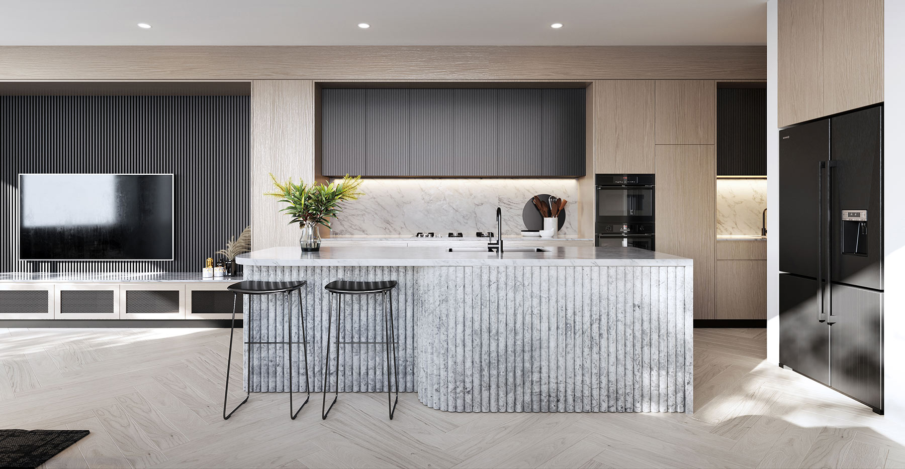 Modern kitchen open plan 3D render in Kyle Bay Sydney with timber cabinetry, stone benchtops and soft lighting