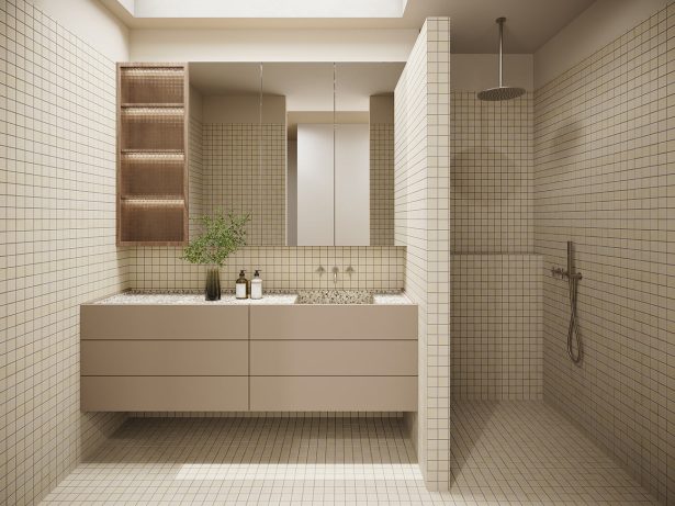 Modern Leppington bathroom 3D rendering featuring tiled walls, floating vanity and walk-in shower in a contemporary Australian home design
