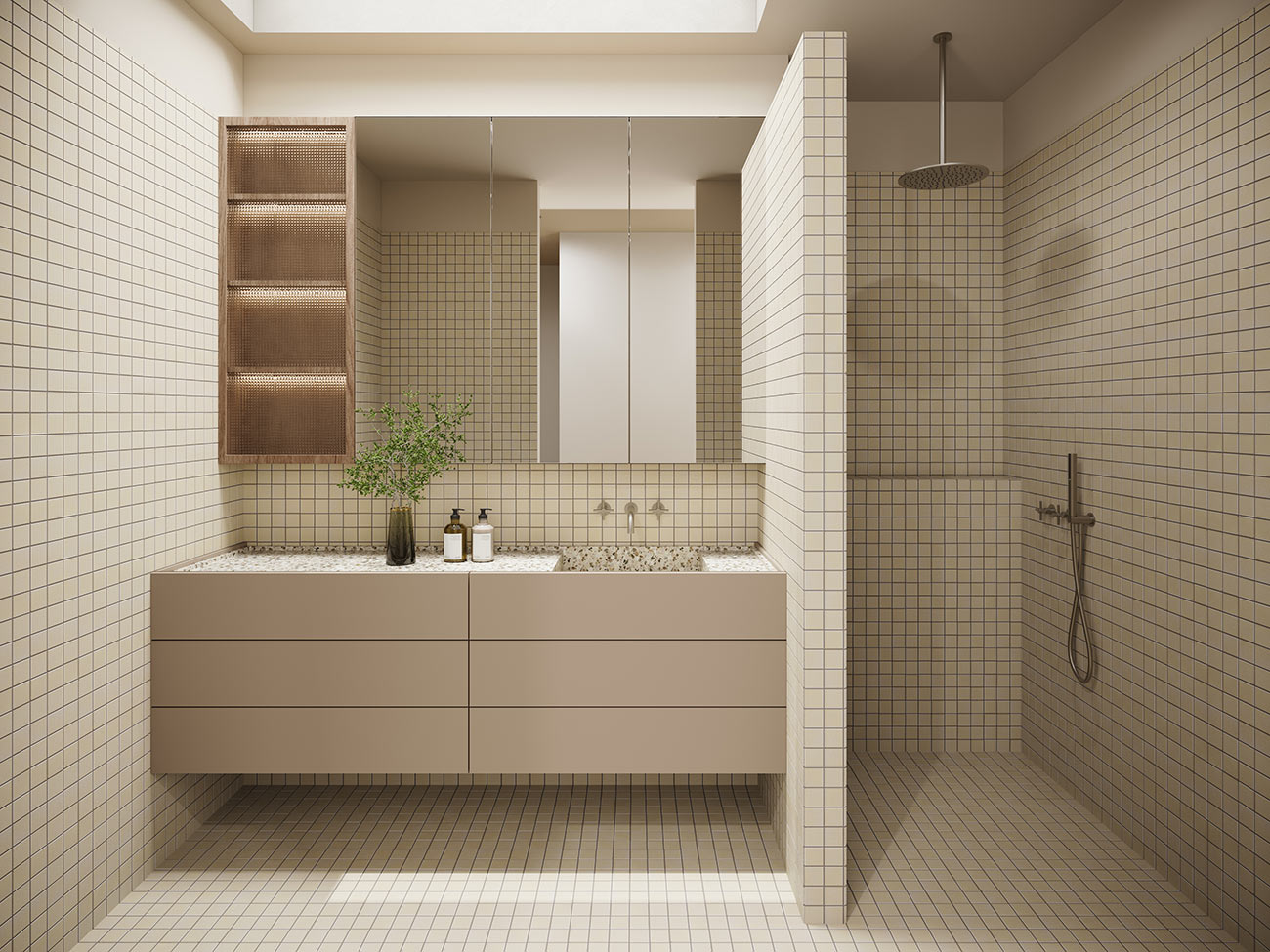 Modern Leppington bathroom 3D rendering featuring tiled walls, floating vanity and walk-in shower in a contemporary Australian home design